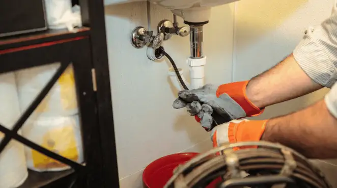 Drain cleaning technician using a motorized plumbing snake to clear a clogged sink pipe in Lincoln, NE